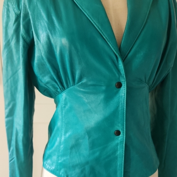 Bergdor Italia Vintage 80s Teal Green Leather Blazer Jacket Fitted Waist Size 4 - Picture 6 of 9